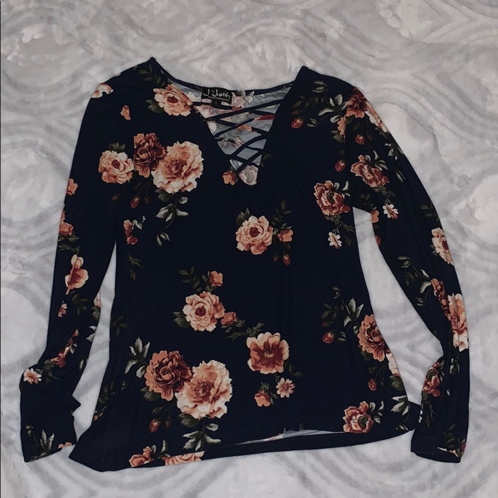 Long sleeve, navy blue, flower shirt.